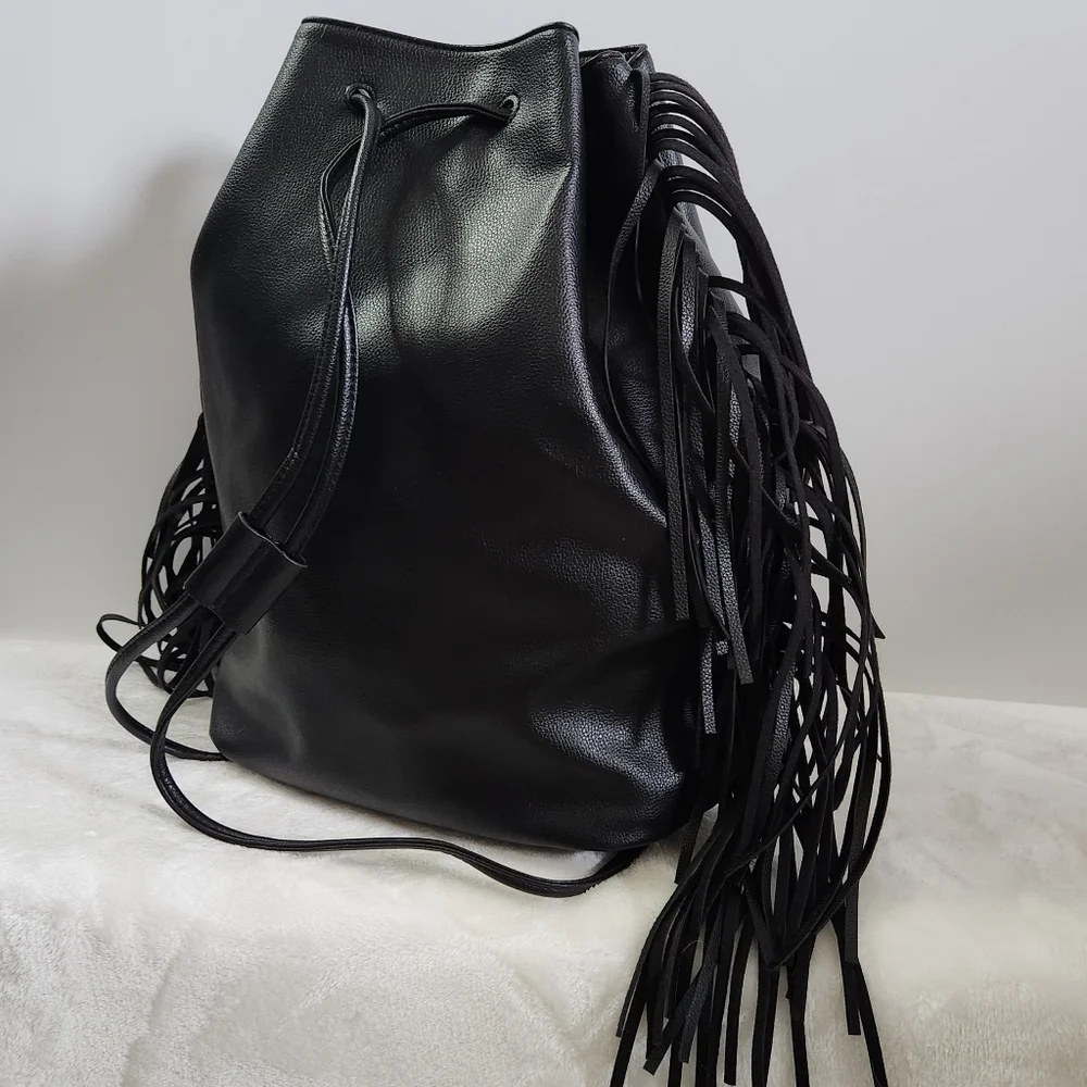 Victoria's Secret VS Black Faux Leather Western Boho Fringe Backpack NWT - Picture 7 of 16